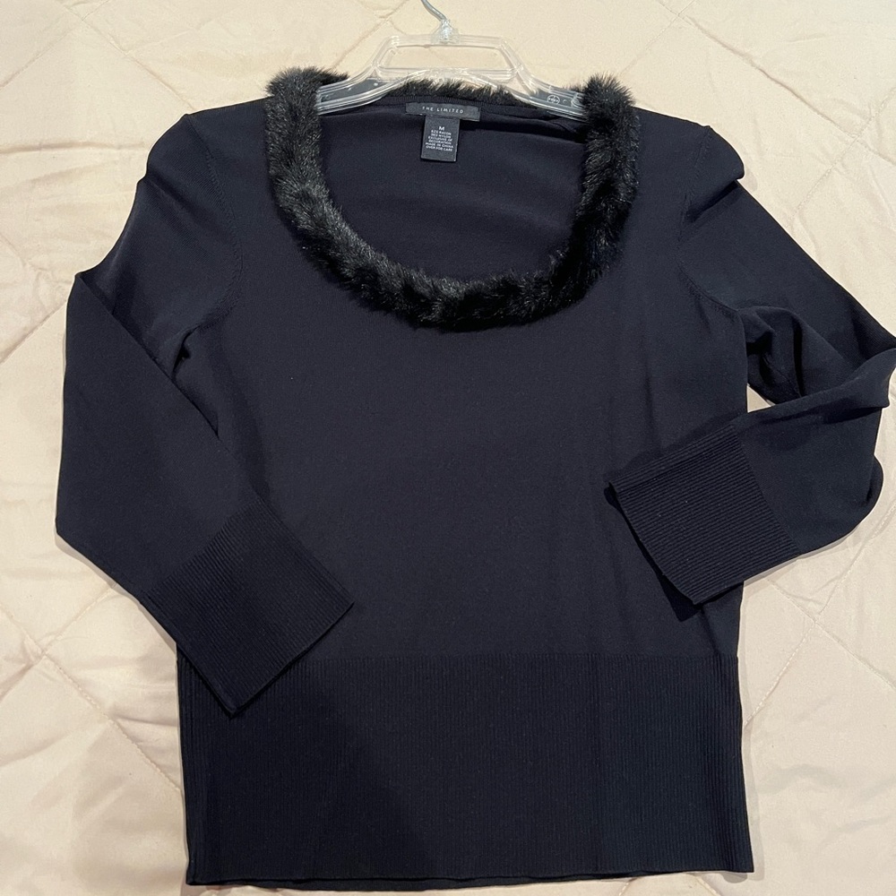 The Limited Black Fur Trim Sweater Top Sz M